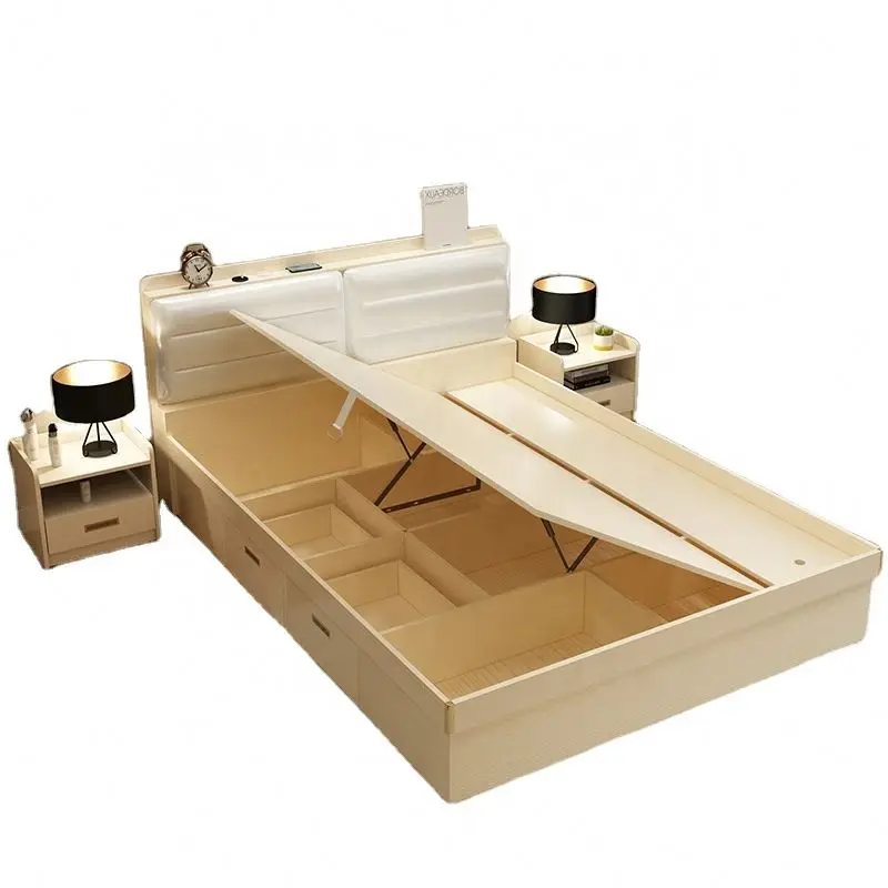 GEDO 2026 Customized Wooden Bed with Storage USB Charging Thickened Panel Bedroom Furniture Modern Versatile Size Soft Bed