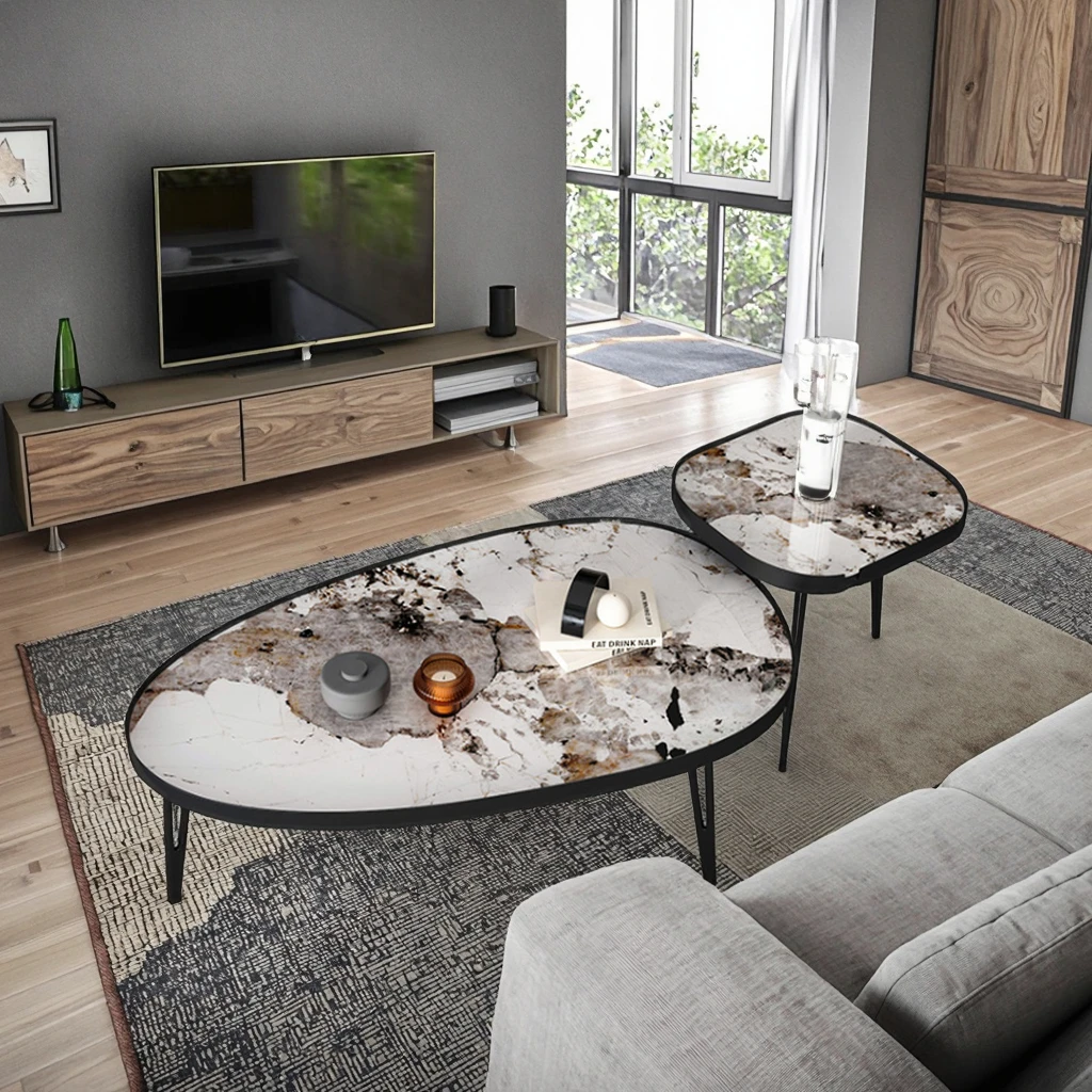 Modern Luxury Apartment Hotel Living Room Coffee Table Set Customizable Oval Shape Sintered Stone Top Center Table