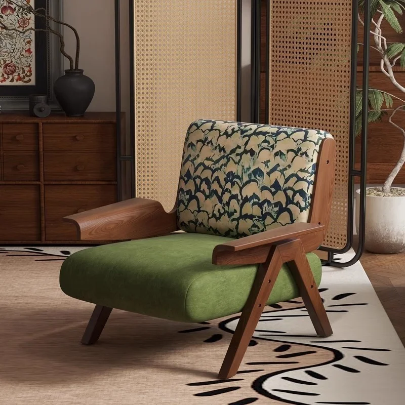 GEDO French Mid-Century Style Single Sofa Chair Zebra Design Solid Wood for Home Furniture Lazy Living Room Balcony Leisure