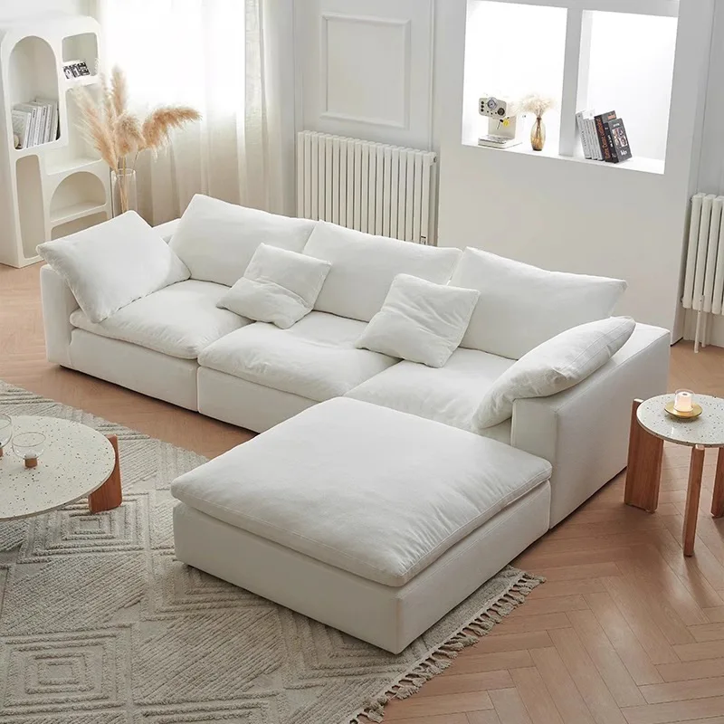 Modern Cream Style L Shaped Cloud Vacuum Sponge Compressed Sofa in Box Living Room Furniture White 3 Seater Foam Couch for Home
