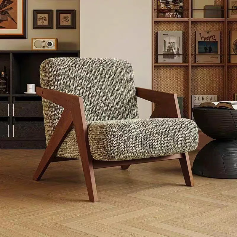 GEDO Retro Solid Wood Single Sofa Chair French Vintage Style Durable for Living Room Balcony Lazy Leisure Modern Design