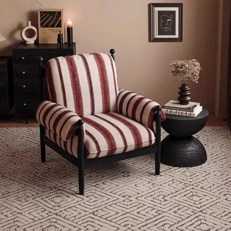 GEDO French Retro Solid Wood Red Chair Mid-Century Style Fabric Single Chair for Home Furniture Leisure Living Room Balcony Sofa